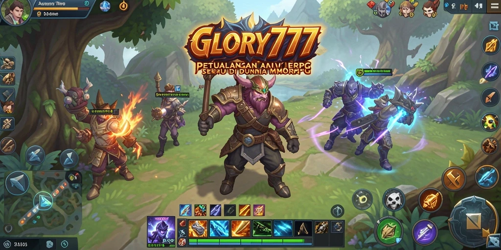 Screenshot gameplay GLORY777 menampilkan pertempuran epik di dunia fantasi.