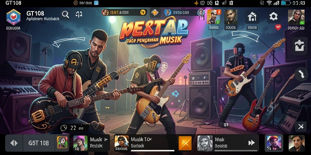 Screenshot GT108 menampilkan gameplay interaktif dengan berbagai fitur musik.