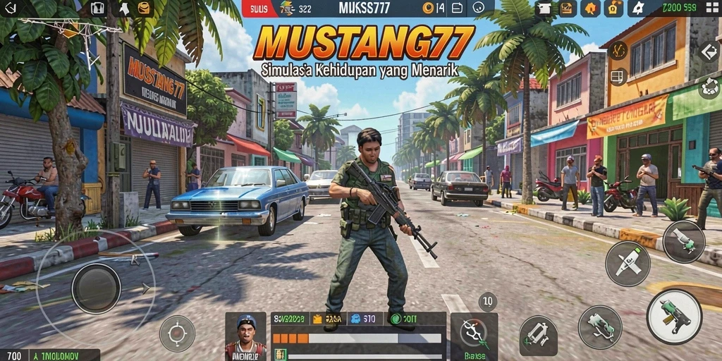 Tampilan gameplay menarik dari MUSTANG77 dengan beragam aktivitas.